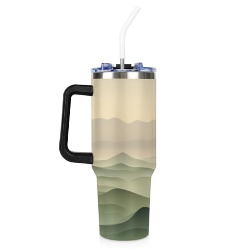 Dreamy Misty Mountain - Vaso aislado de 40 onzas con asa y pajilla, taza de viaje de acero inoxidable con tapa, a prueba de fugas, termo de doble pared para bebidas calientes y frías, regalo para