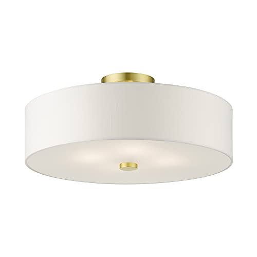 Image of Livex Lighting 51055-12 4-Light Semi Flush Ceiling Light, Satin Brass | Off-White Hardback Fabric Shade