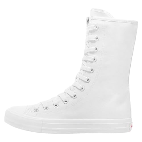 ANUFER Womens Girls Classic Mid-Calf Lace Up Zipper Canvas Boots Casual High Top Canvas Sneakers2