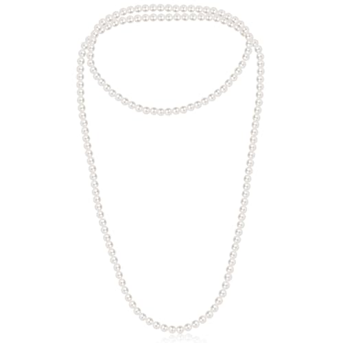 150cm Long Fake Pearl Necklace 8mm Plastic Pearls Layered Choker for Women Elegant Imitation Pearl Strand for Wedding Halloween Costume Party (White)