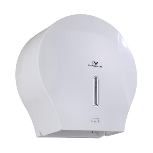 Image of Pro Washroom Toilet Roll Dispenser PRW285137 – Wall-Mounted, Lockable, ABS White Silk Finish – Holds 250mm Jumbo Rolls, Fits 2¼–3" Cores, Commercial Space-Saving Waterproof Design
