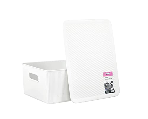 Superio Ribbed Collection - Decorative Plastic Lidded Home Storage Bins Organizer Baskets, Large White (2 Pack - 15 Liter) Stackable Container Box, For Organizing Closet Shelves Drawer Shelf #TOP3