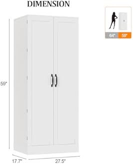 VINGLI Pantry Cabinet, 59" Tall White Kitchen Storage Cabinet with 2 Doors and Adjustable Shelves, Food Storage Freestanding Cupboard for Small Space in Dining Room, Living Room
