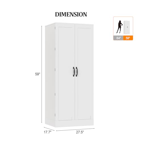 VINGLI Pantry Cabinet, 59" Tall White Kitchen Storage Cabinet with 2 Doors and Adjustable Shelves, Food Storage Freestanding Cupboard for Small Space in Dining Room, Living Room
