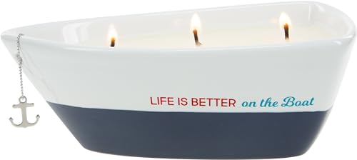 Pavilion Gift Company Life is Better 10 Oz Triple Wick Candle in Ceramic Boat Dish, Blue, 67770, 67770, 67770, 67770