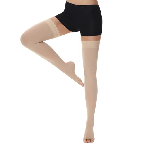 Ailaka Bas de Compression Médicale 20-30mmHg à Bout Ouvert Femme & Homme, Longs jusqu'en Haut de la Cuisse, Bande de Silicone Antidérapante, Soulagement...
