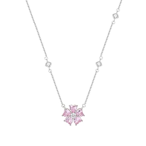 Dainty Pink Peach Blossom CZ Flower Choker Necklace for Women Cute Sterling Silver Plated Crystal Heart Shaped Floral Charm Pendant Trendy Adjustable Chain Necklaces Fashion Jewelry Gifts 17