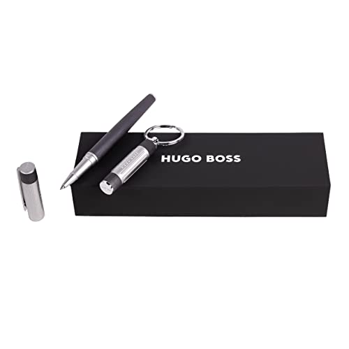 Hugo Boss Schreib-Set Gear Ribs Gun Tintenroller & Schlüsselring aus Aluminium, Messing, Farbe Silber/Pastellgrau/Dunkelgrau, Abmessungen: 200 x 62 x 34 mm, HPKR306D
