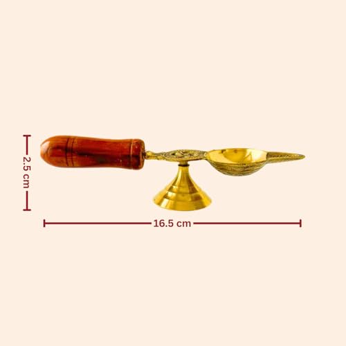 Image of 100% Pure Brass Spoon Aarti Diya with Wooden Handle | Medium Size Pooja Diya | Traditional Oil Lamp for Temple, Prayer & Festivals | Housewarming & Indian Ceremonial Gifting