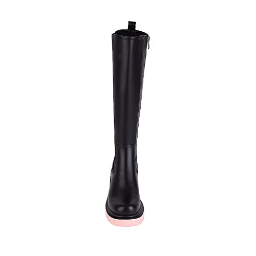 Vivianly Women's Elastic Panel Lugged Sole Knee Boots, Chunky High Heeled Boots Stretch Riding Boots With Round Toe And Side Zipper Size 7 Pink #TOP2