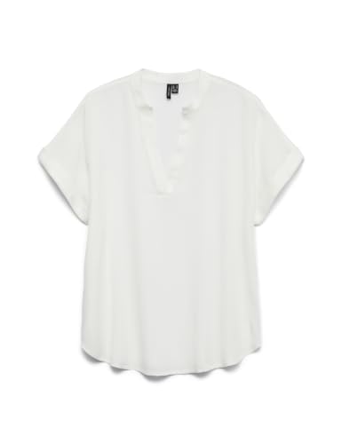 VERO MODA Damen Top Casual Splitneck umgeschlagene Ärmelbündchen Bluse Kurzarm, Farben:Weiß, Größe:M – Ansicht 1