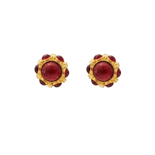 Kenneth Jay Lane Gold Faux Ruby and Emerald Gemstone Button Clip-On Earrings