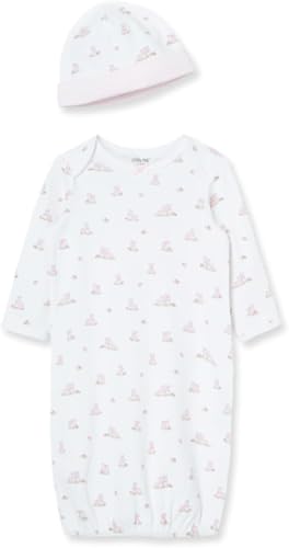 Little Me Baby Girl's 2-Piece Nightgown and Cap Set, White Print/Bunny, 0-3 Months