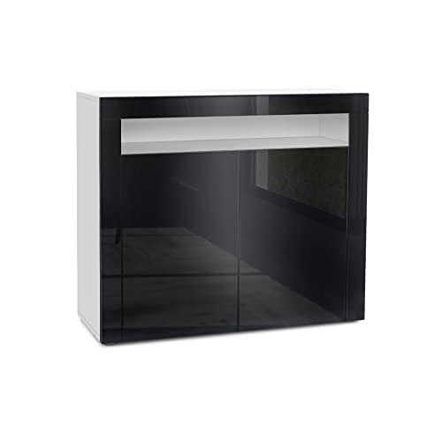 Vladon Buffet Valencia, Commode avec 2 Portes et 1 Compartiment Ouvert, Blanc Mat/Noir Haute Brillance/Noir Haute Brillance (108 x 92 x 40 cm)
