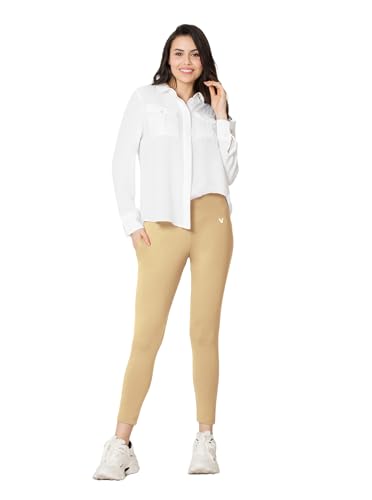 Image of VSTAR PL02 Women Ankle Length Stretchable Slim Fit Leggings with Secured Side Pocket | Moisture-Wicking | Soft Waistband & Cotton-Elastane Fabric | XXL | Butter Scotch