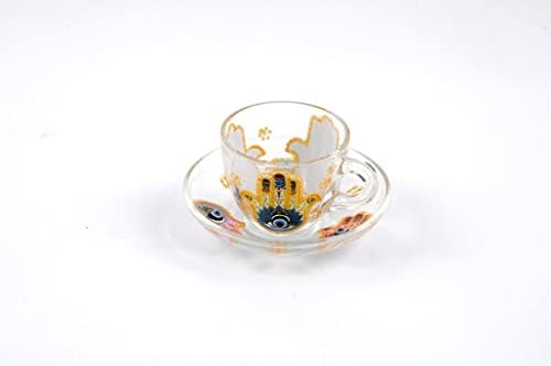 6 Coffee Set with Saucer, Arabic, Turkish, Greek Hand Decorated Porcelain, Blue Evil Eye Protection, Hamsa Fatima Hand Charm, Lucky Ornament, Best Gift (12 Pieces - Faitma's Hand Charm Glass)