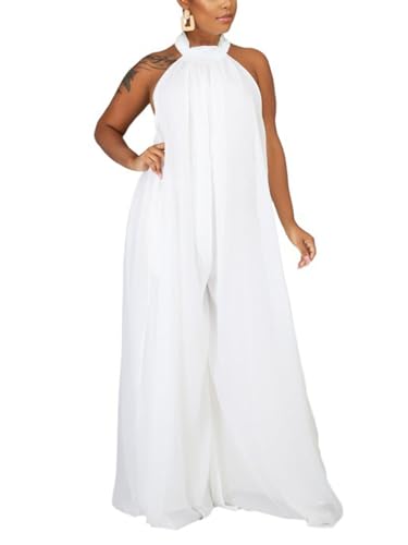 Ekaliy Women's Sexy Summer Jumpsuit Halter Neck Sleeveless Chiffon Wide Leg Long Pant Jumpsuit Romper One Piece Party Outfit White Medium
