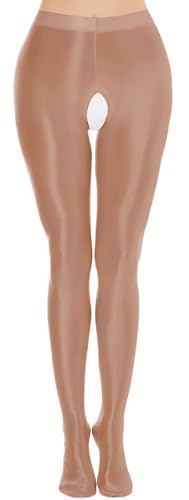 Image of FEOYA Women's Open Crotch Oil Shiny Pantyhose High Waist Control Top Silky Oily Crotchless Footed Tights Stockings