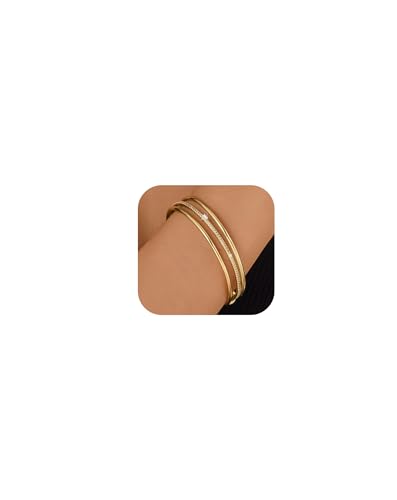 Stackable Bangle Bracelets for Women 14K Gold Plated Triple Interlocked Bangle Stainless Steel Bracelets Classic Plain Non-Tarnish Jewelry Gift for Women