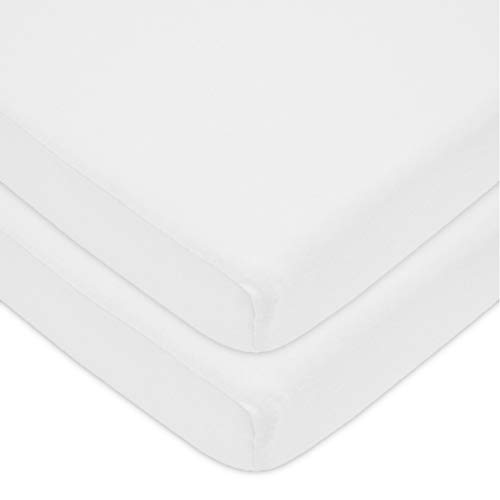 Image of American Baby Company 2 Pack Fitted Mini Crib Sheet 24" x 38", Soft Breathable Neutral 100% Cotton Jersey Portable Sheet, Snow White, for Boys and Girls, Fits Most Pack N Play Mattresses