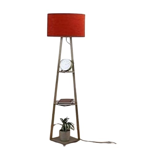 Modern Floor Lamp with Storage Shelves 3-Tier Display Stand Fabric Drum Shade Wooden Frame for Home Living Area Office (D Red)-image-24