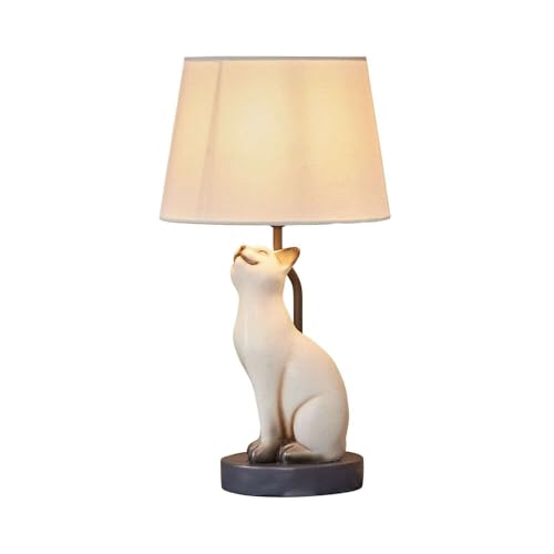 LOBERON Ormeya Lampe à poser - Figurine de chat peinte à la main - Abat-jour en lin, crème