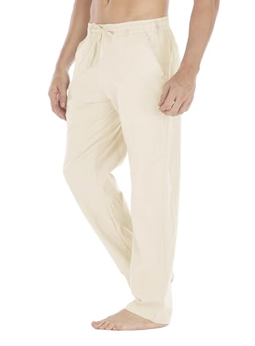 Image of Mens Loose Fit Linen Pants Casual Lightweight Drawstring Stretch Cotton Linen Pants for Men Summer Beach