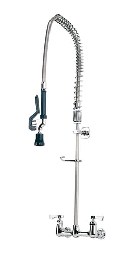 FSE 373-KR-17-108WL Royal Series 8" Center Wall Mount Pre-Rinse Assembly, 35" H with 15" Overhang, Spring Gooseneck, 1.15 GPM Spray Head, Ceramic Valves, Stainless Steel Hose, Chrome Brass Base