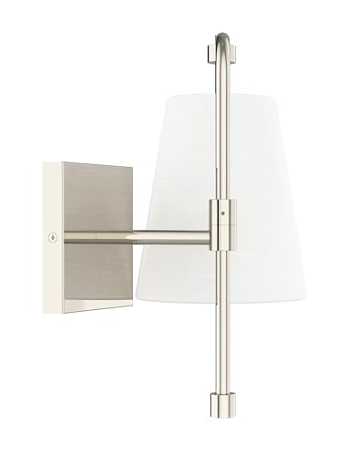 Image of 1-Light Wall Sconce, Polished Nickel Finish, Fabric Linen Shade, Adjustable Swing Arm, Hardwired Wall Mounted Light Fixture for Bedside, Living Room, Bathroom, Versatile Home Decor