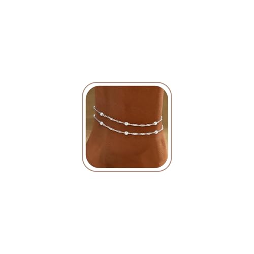 ZOERAY Tobillera de Plata 925 Para Mujer Tobilleras Bañada en Oro 18K Bohemias Ajustable con Capas de Corazón Pulsera Tobillera con Cuentas Impermeables Joyería Regalos de Playa Para Mujer Niñas
