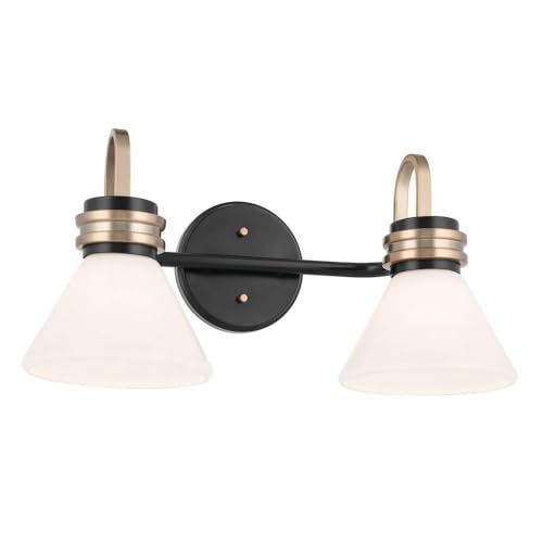 Image of Kichler Farum 2-Light Bathroom Vanity Light Fixture with Opal Glass in Black with Champagne Bronze Accents, Modern Damp Rated for Over Mirror (19.25 inch x 9.5 inch x 9.5 inch), 55154BK