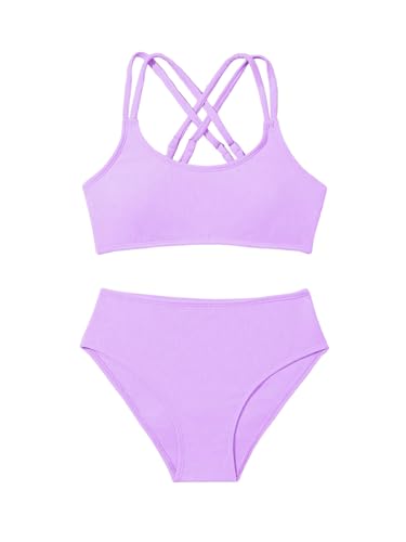 Image of Milumia Girl's 2 Piece Swimsuits Criss Cross Spaghetti Strap Bikini Sets Beachwear Bathing Suit Mauve Purple 9 Years