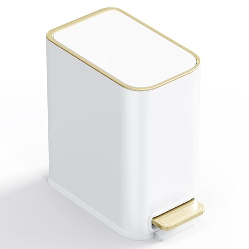 GibHerz Small Bathroom Trash Can with Lid Soft Close, 5L / 1.3 Gallon Slim Garbage Can with Removable Inner Bucket, Step Stainless Steel Trash Bin for Office, Bathrooms, Bedroom, Living Room (White)