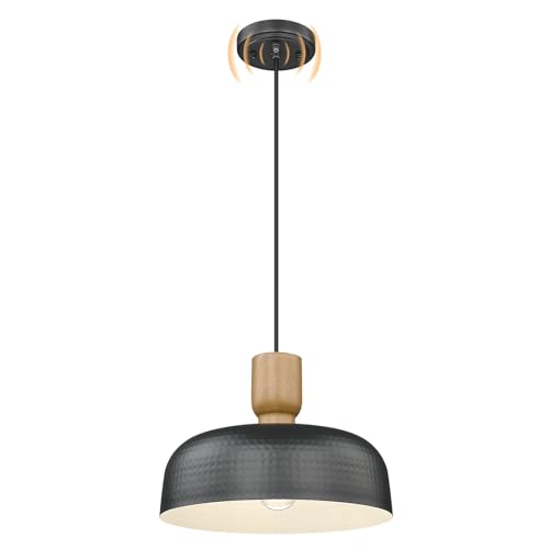 Image of Darkaway Dusk to Dawn Industrial Pendant Light Fixtures Ceiling Hanging with Hammered Metal Shade, Black Pendant Light for Outdoor Porch Lighting Hanging Lamp Adjustable Height