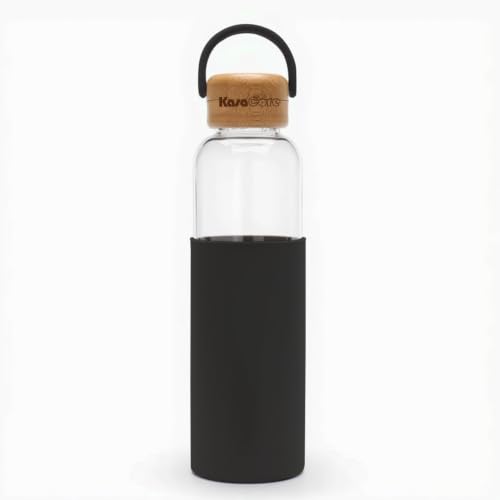 Image of Borosilicate Glass Water Bottle 500 ml | Leakproof Bamboo Lid & Silicone Sleeve | BPA Free Reusable Drinking Bottle for Office, Gym, Travel & Daily Use (Black)