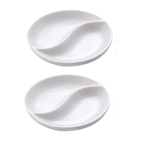 2PCS 3.5inch Ceramic Serving Platter Rectangular 2 Compartment Appetizer Serving Tray Divided Spices Vinegar Nuts Sauce Dishes for Home Kitchen Restaurant Cover