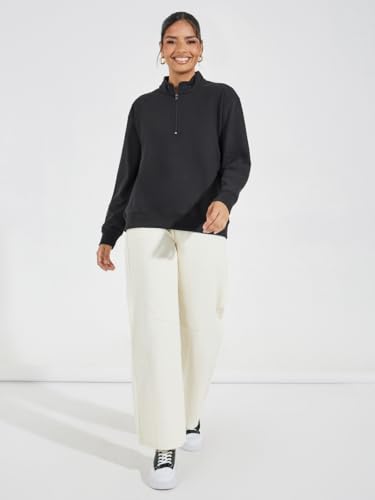 سويت شيرت سادة بنصف سوستة وقصة عادية للنساء من ستايلي، مقاس XL، لون اسود