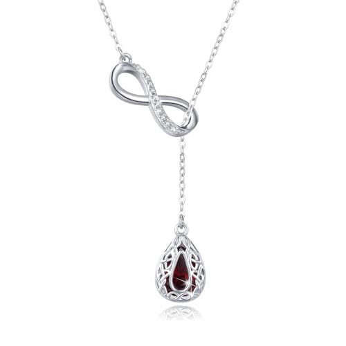 MEDWISE Red Zircon Necklace 925 Sterling Silver Teardrop Pendant Necklace with Infinity Symbol Y-Necklace Jewelry Gifts for Women