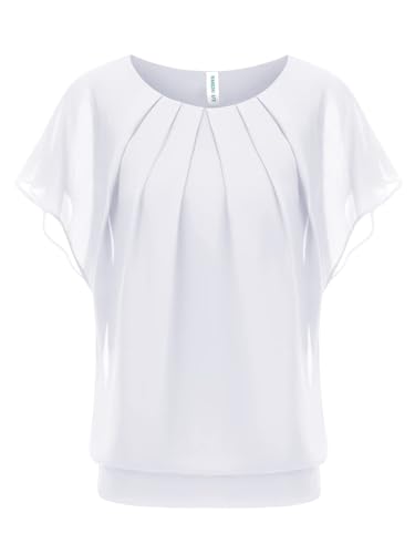 WANGZHI Damen Bluse Batwing Bluse Shirts Kurzarm Tunika Top Kurzarm Mesh Oberteile Weiß L