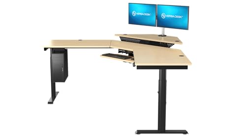 Image of VERSADESK 72 inch x 72 inch Electric L-Shaped Corner Standing Desk, Commercial Grade Height Adjustable Sit Stand Workstation, Ergonomic Computer Desk for Home Office, Black Frame, Maple Surface