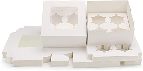 50 pcs 6.4" x 6.3" Kraft Cupcake Boxes, Food Grade White Color Cupcake Carrier with Insert and Display Window Fits 4 Cupcakes or Muffins