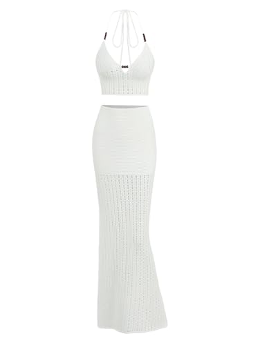 Rosegalette Women's Sexy Vacation Crochet Hollow Out Beading Halter Crop Top and Maxi Skirt Beach Cover up Set, White, L — view 6