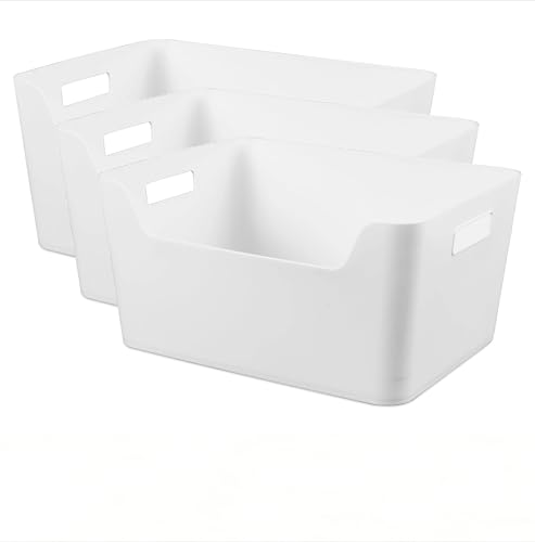 Image of (3 pack) Extra Large Plastic Storage Bins, 11 inch W x 14.3 inch D x 7 inch H, Front Opening Container for Pantry, Closet, Bathroom Organization, White