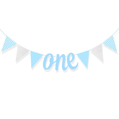 Image of Rozi Decoration Pastel Blue One Bunting Banner for 1st Birthday Decoration Items, Baby Boy 1st Month Birthday, 15x30cm Rectangular Cardboard Wall Mount Banner