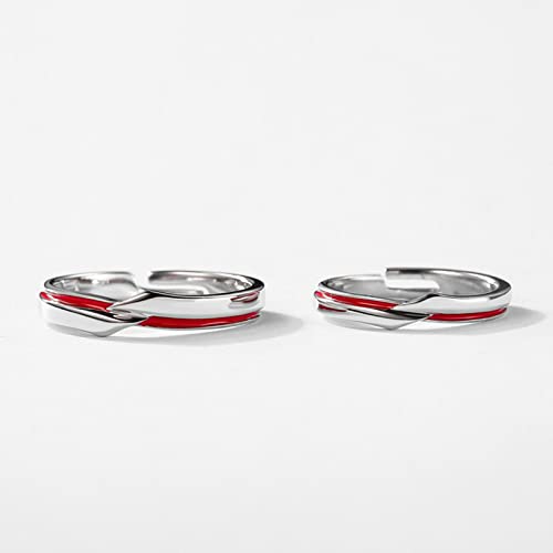 Engagement Rings Sterling Silver, Wedding Rings for Couples Set Red Red Line Pattern Birthday Gift Ring3