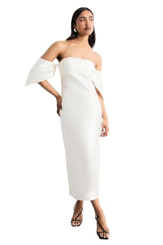 WAREHOUSE Structured Puff Sleeve Bardot Midi Dress, 14, Ivory