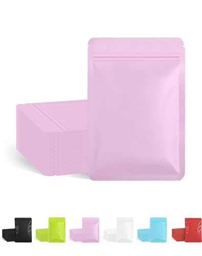 FireKylin 100 Pack Resealable Packaging Bags for Small Business Double-Sided Color Smell Proof Bags for Food Storage Flat Bags (Pink, 4