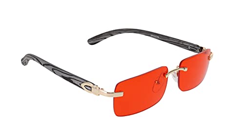 Elite Slim Rimless Rectangular Metal & Wood Art Aviator Sunglasses (Red)3