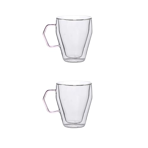 Image of Nestasia Double Wall Borosilicate Glass Mugs Set of 2 (250ml Each) - Microwave & Dishwasher Safe Transparent Glass Tea Cups with Pink Handles | Food Safe & Durable Coffee Mugs - Ideal for Gifting