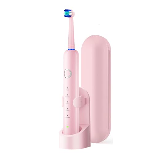 Image of Rotating Electric Toothbrush for Adults, 8 Brush Heads (2 Types) & Travel Case, 5 Cleaning Modes Rechargeable Power Toothbrush with 2-Minute Smart Timer, Pink